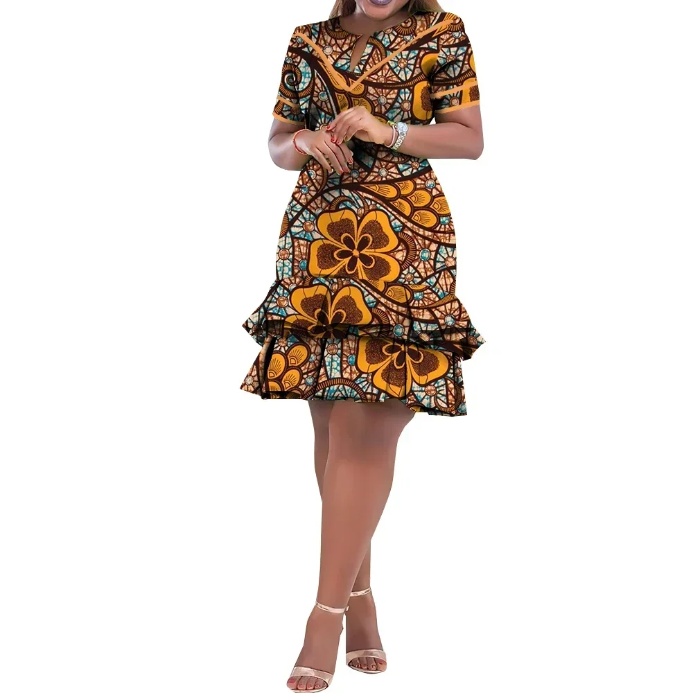 

African Dresses for Women Ankara Clothing Short Sleeve Dress Wax Print Knee Length Party Dresses Robe Africaine WY9880