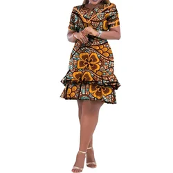 African Dresses for Women Ankara Clothing Short Sleeve Dress Wax Print Knee Length Party Dresses Robe Africaine WY9880