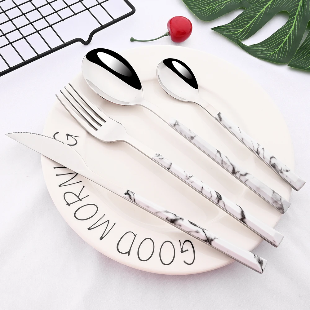 1/2/4/6Set Wooden Marble Pattern Stainless Steel Dinnerware Knife Fork Spoon Tableware Cutlery Kitchen Imitation Flatware Set