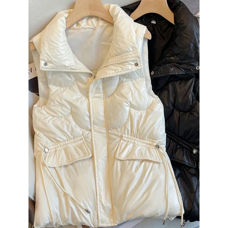 Women's Down Cotton Waistcoat No Washing Required Shiny Finish Short Style Loose Fit Stand-up Collar Waistcoat Winter Outerwear