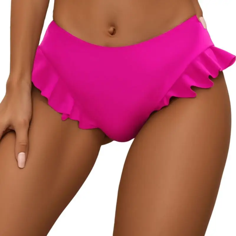 Women High Waisted Bikini Bottom Ruffle Trim Solid Color Swimwear Sexy Briefs Summer Beachwear Bathing Trunks 4 Colors Available