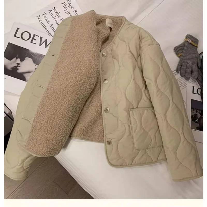 

Winter Fahion Solid Women Cotton-padded Coats Wool-liner Warm Grid Jacket Lightweight Single-breasted Women Short Coats