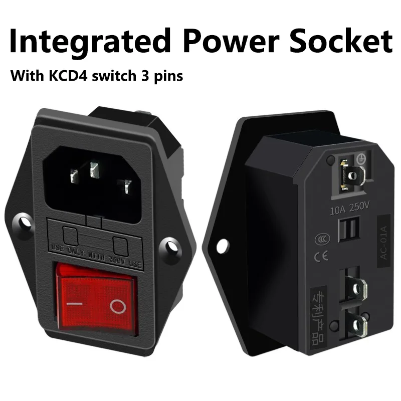 5 peças 250v10a AC-01A C-14-F16A tomada de energia elétrica interruptor rocker conector de entrada de latão tomada de montagem de computador com fusível