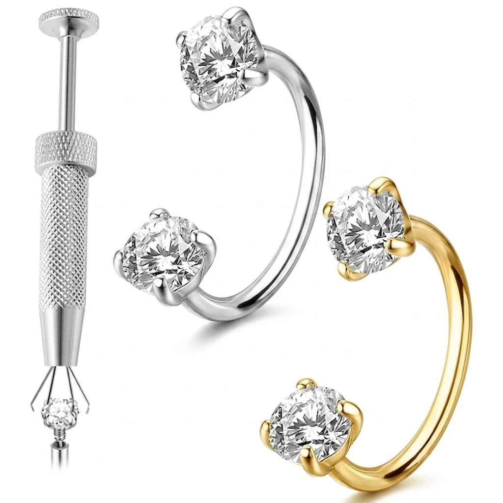 4Pcs Piercing Kit 18G 8mm Horseshoe Rings with Ball Grabber Tool 316L Surgical Steel Nose Lip Cartilage Earring Set