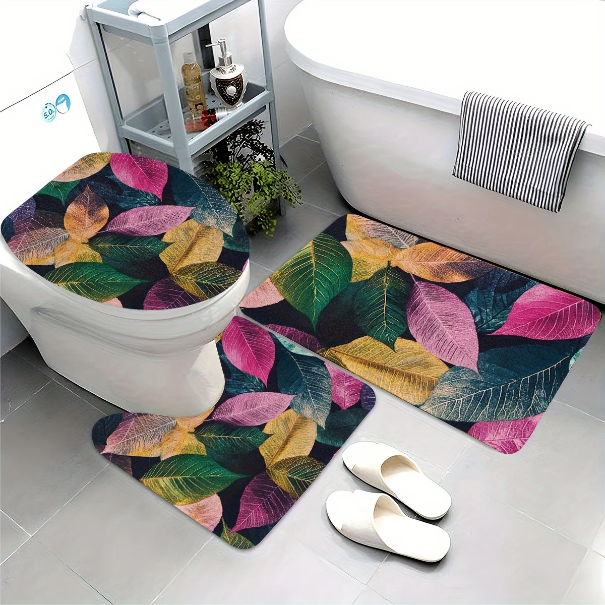 

3pcs Elegant Leaf Pattern Toilet Seat Cover & U-Shaped Bottom Mat Set - Soft Flannel, Washable, Vibrant Tropical Design, Perfect