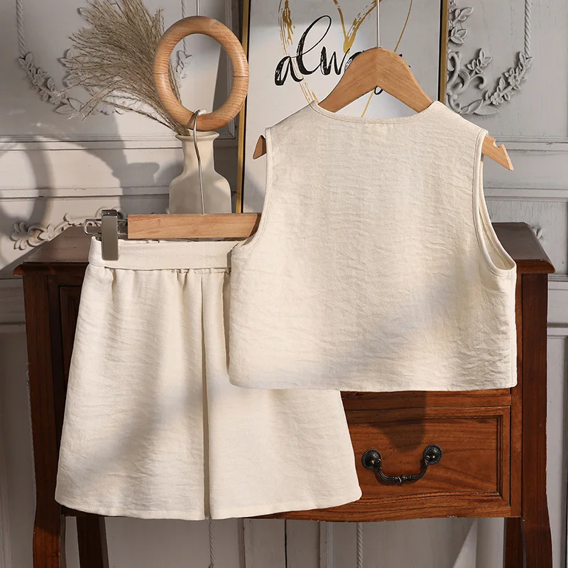 Girls Set 2026 Spring Summer New Casual Japanese Button Vest Shorts Two-piece Set Daily Simple Temperament Wear