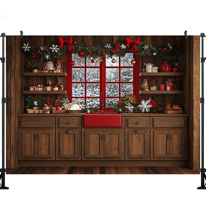 LS Natale Cucina Fotografia Sfondo Finestra di cuoco interna Decorazioni per alberi di Natale Bambini Ritratto di famiglia Sfondo fotografico Studio