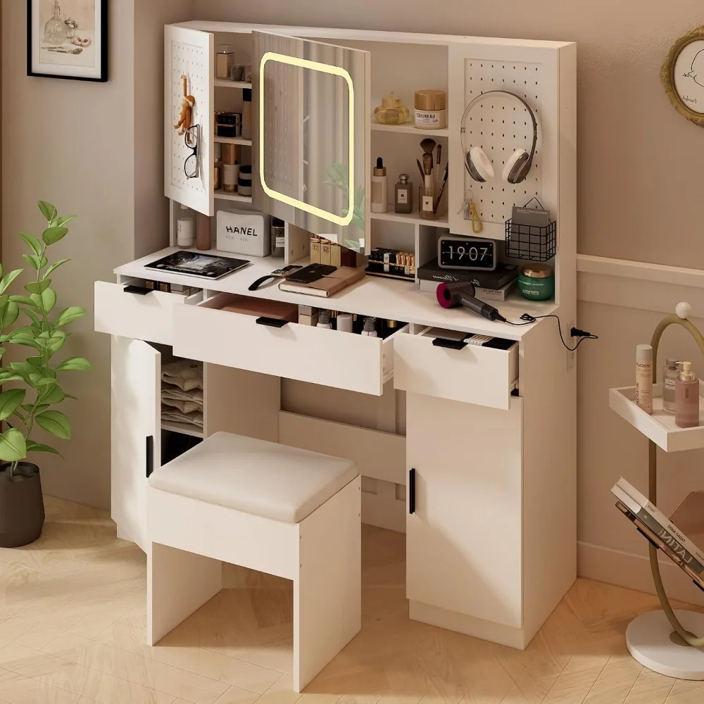 

Large Vanity Table Set with LED Lighted Mirror and 2 DIY Pegboards 5 Hooks, Makeup Vanity Desk with Charging Station