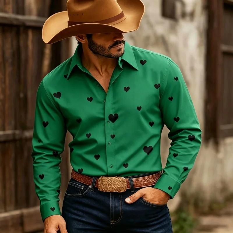 Men's Heart Print Long Sleeve Shirt Fashion Slim Fit Button Down Casual Blouse Tops