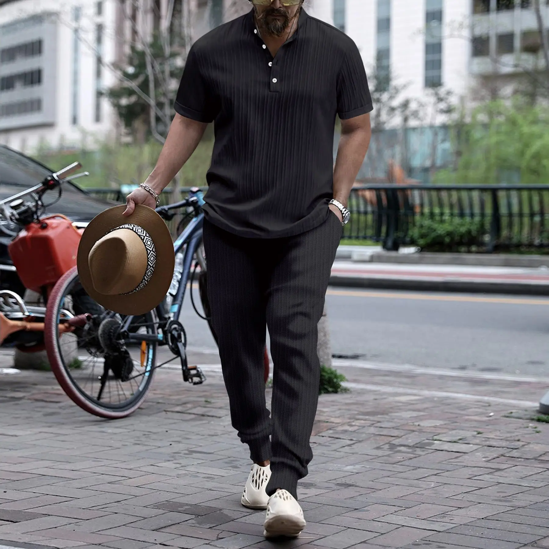 Camisa con cuello levantado para hombre, pantalón corto informal a rayas, pantalones de calle a la moda, primavera y otoño, 2024