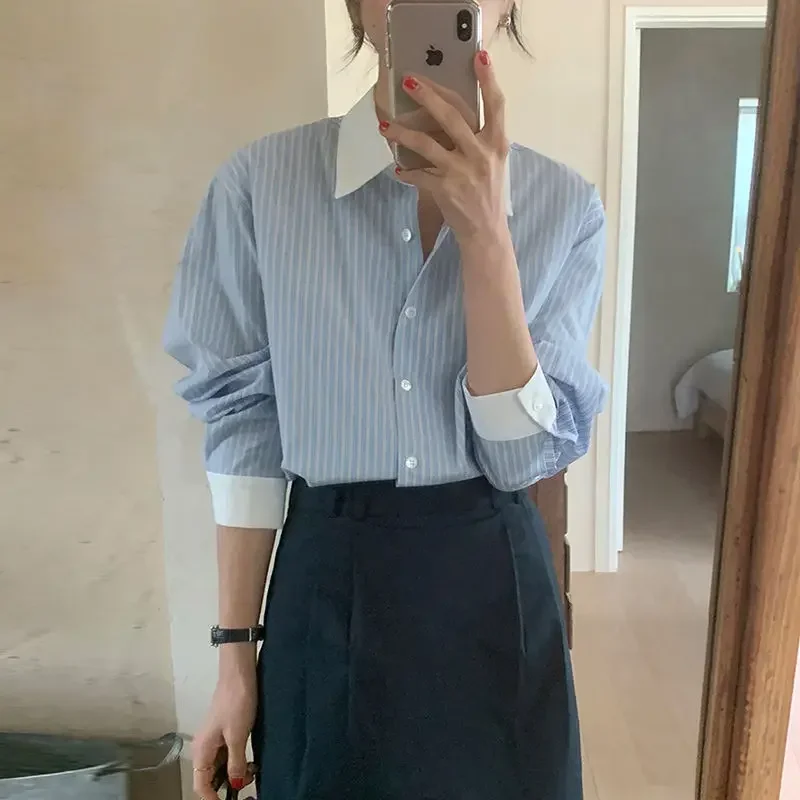 2024 New Blue Striped Blouses Women Korean Style Chic Elegant Office Look Casual Long Sleeve Shirts Pink Top Female Wear To Work