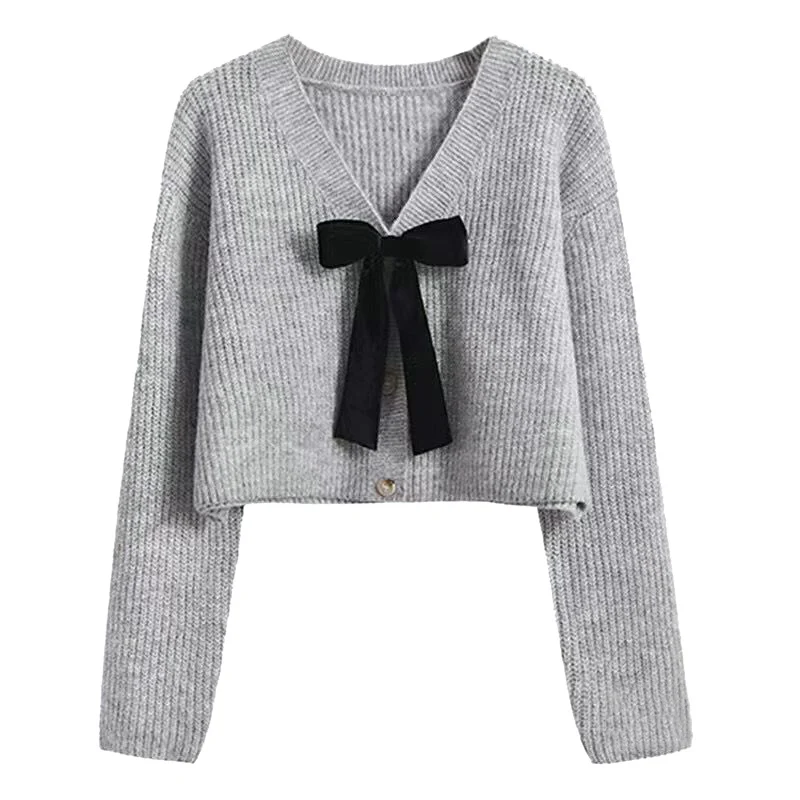 Women\'s V-Neck Bow Sweater Top Short Knit Long Sleeve Cardigan Jacket