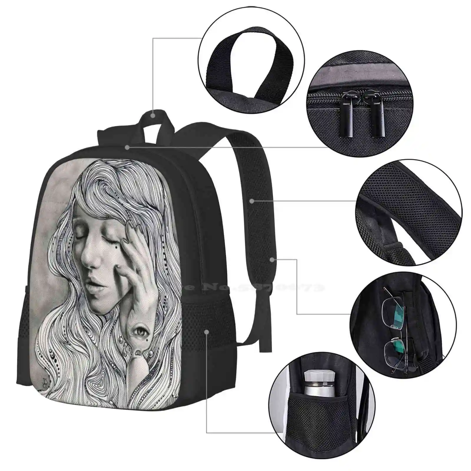 Trauer Muster Design Tasche Studenten Rucksack Tinte Bleistift Mythologie griechischen Mythos magische traurige weibliche Frau Auge surreale Fantasie