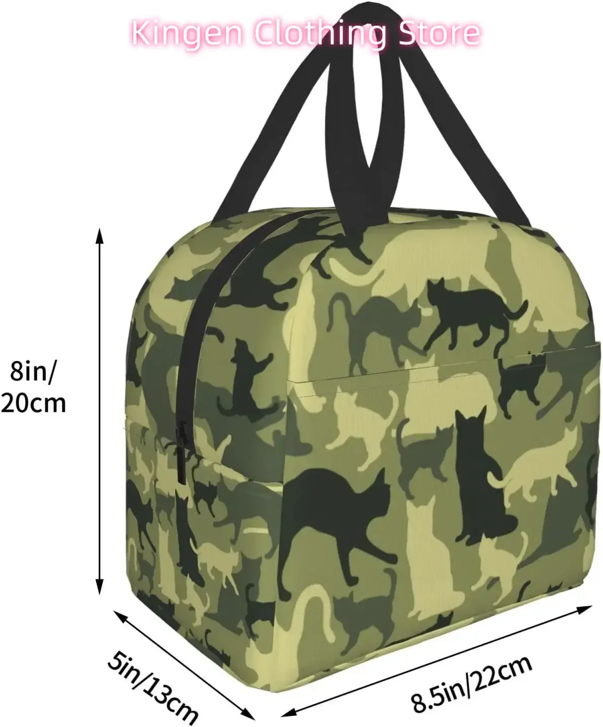 Cat Camouflage Military Green Tote Bag with Front Pocket for Travel Work Picnic