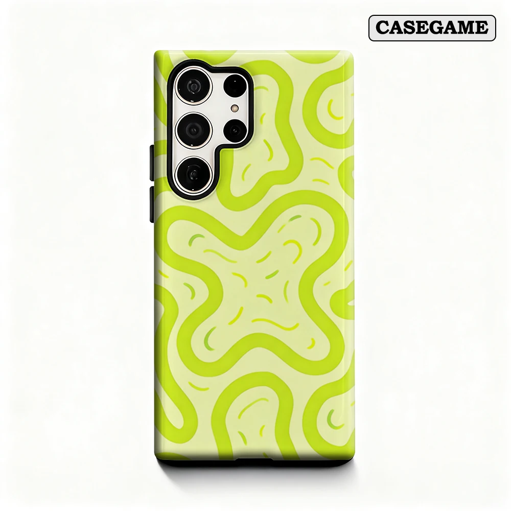 Casegame Phone Case for Samsung Galaxy S25 S26 Ultra S24 S23 Ultra Plus Shockproof Double Layer Green Squiggle Abstract Cover