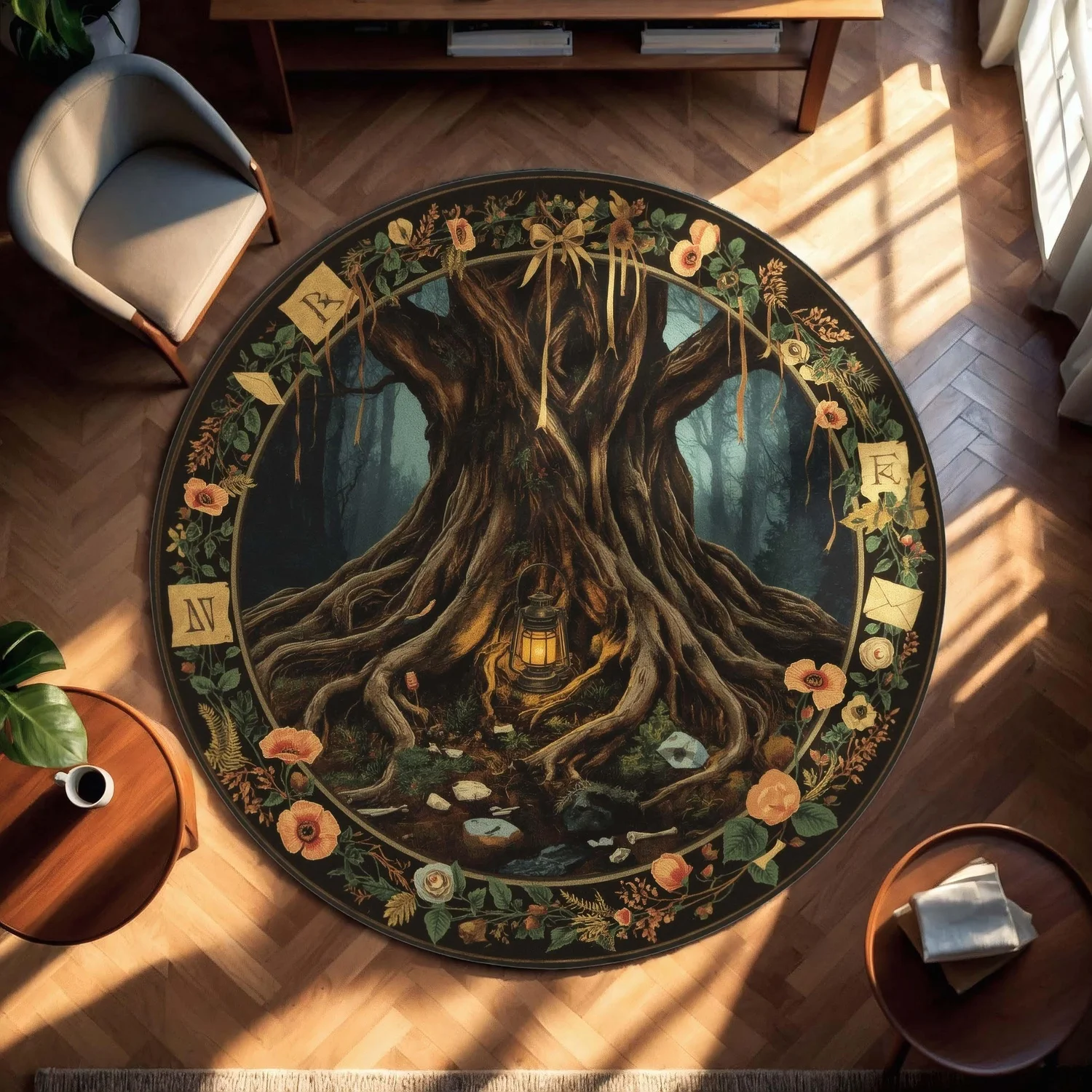 Ancient Tree Circular Rug, Mysterious Forest Rug, Decorated with Lanterns, Tree Roots, and Floral Patterns, Fairy Tale Forest Decor, Fantasy Nature Room Decor