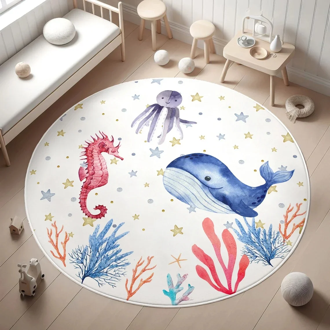 Sparkle Whale Round Rug Soft Kid's Play and Reading Rug Practical Swivel Chair Floor Mat & Side Table Mat for Kids Reading Nook