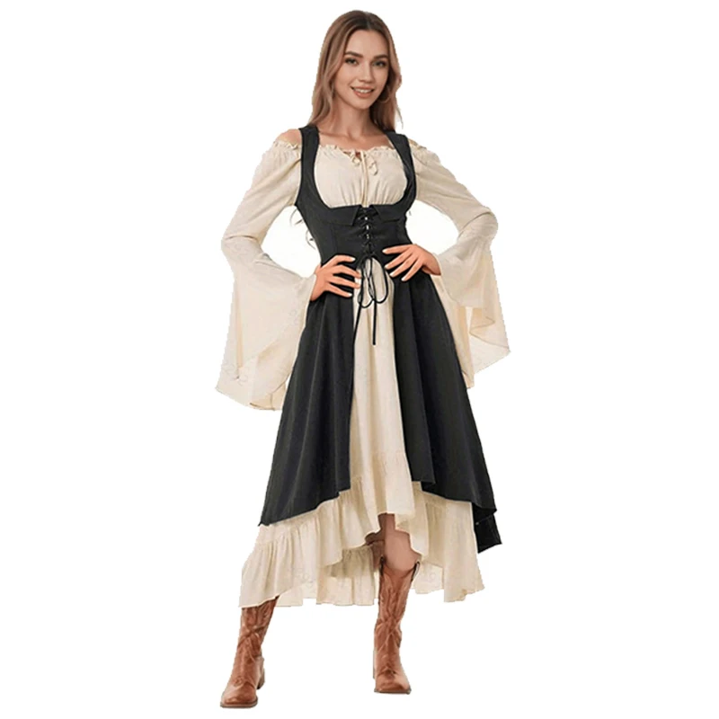 Vestido de granjero pirata para mujer adulta, disfraz de Halloween, Cosplay, puesta en escena, uniforme de teatro, ropa, vestido largo de estilo Medieval