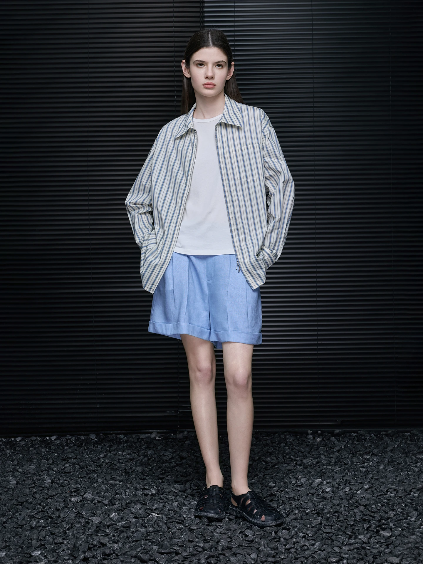 

Spring 2026 Women's Loose Fit Striped Long Sve irt Jaet Contrast Color Street Sle Cotton Nylon Blend Moisture ng