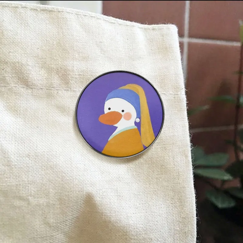Duck With Pearl Earring Art Painting UV Printing Badge Classic Parody Pin Cute Animal Metal Brooch Lapel Accessory Gift