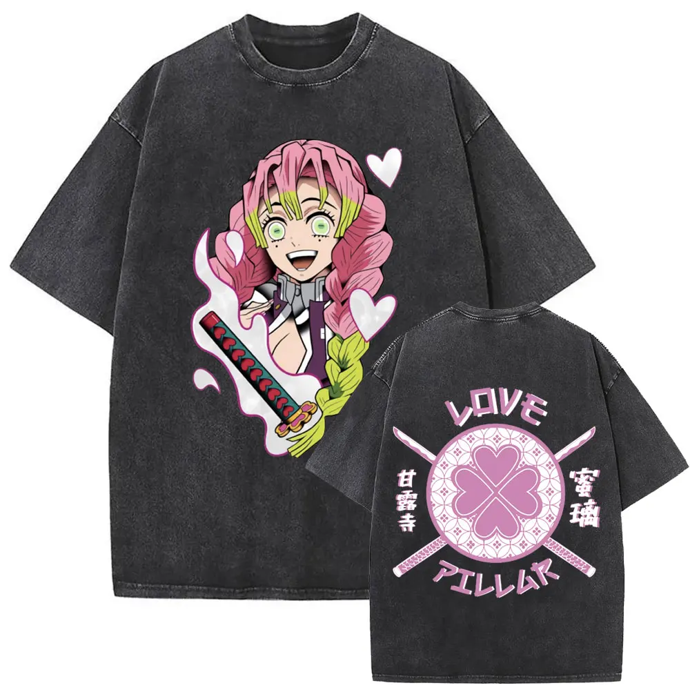 

Anime Demon Slayer Washed Vintage T Shirt Kawaii Cute Kanroji Mitsuri Graphic T-shirts Men Women Casual Retro Oversized T Shirts