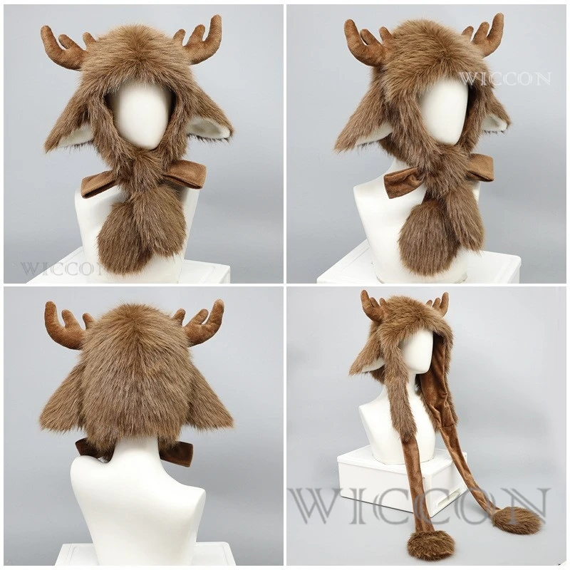 Mori Girl-Elk en peluche Cosplay, vêtements de sauna, Noël, hiver, impression de cerf Antler, cache-oreilles Elk, casquette