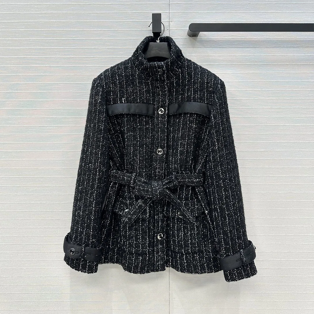 

New Fashion Black Sequins Black Plaid Wool Blends Woven Jacket Women Stand Collar Long Sleeve Pocket Belt Winter Long Retro Coat