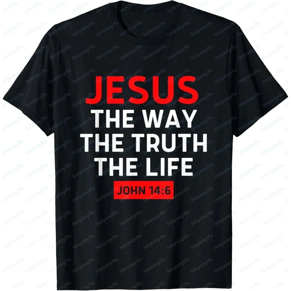 T-shirt pour hommes « Jésus, la voie, la vérité, la vie » (Jean 14:6), t-shirt d'été à manches courtes en coton, hauts à la mode avec verset biblique chrétien, tops sur le thème de la foi