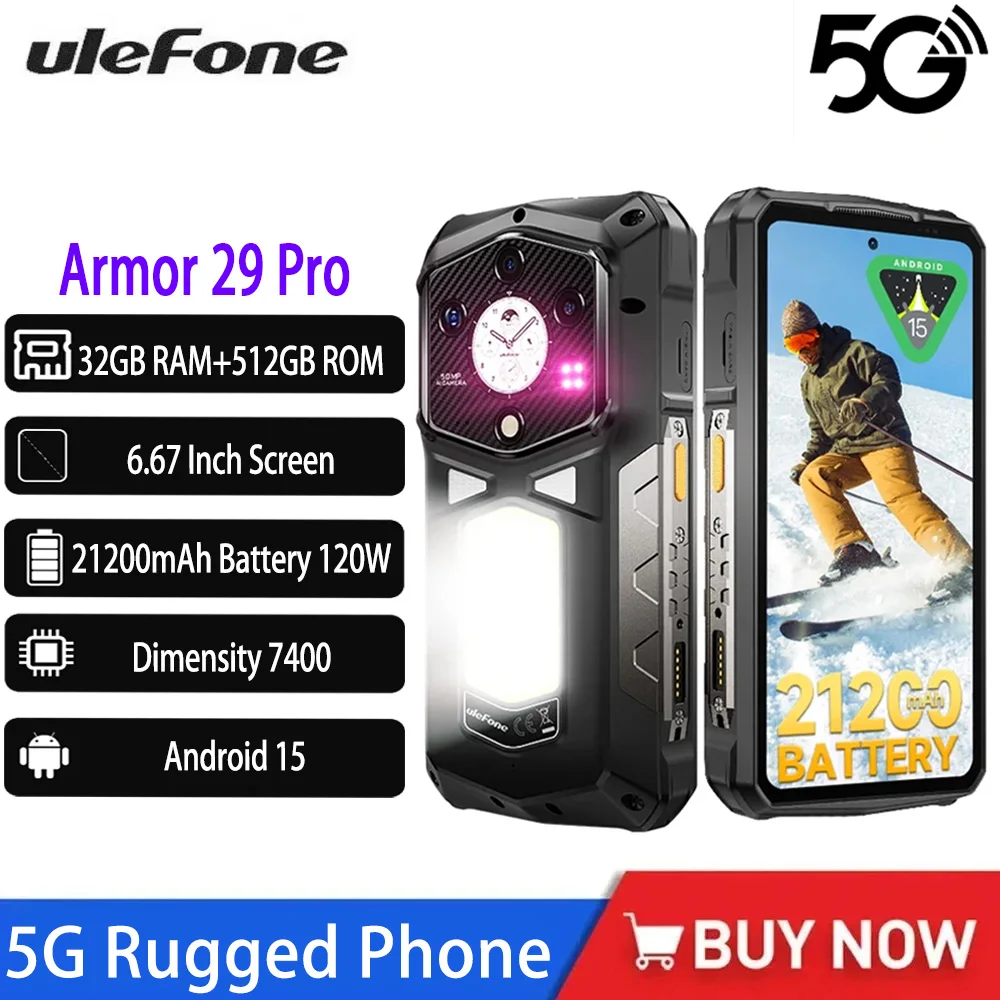 NEW Ulefone Armor 29 Pro 5G Rugged Phone 21200mAh Battery 6.67 " 32GB+512GB 64MP Night Vision Camera Android 15 NFC Smartphone