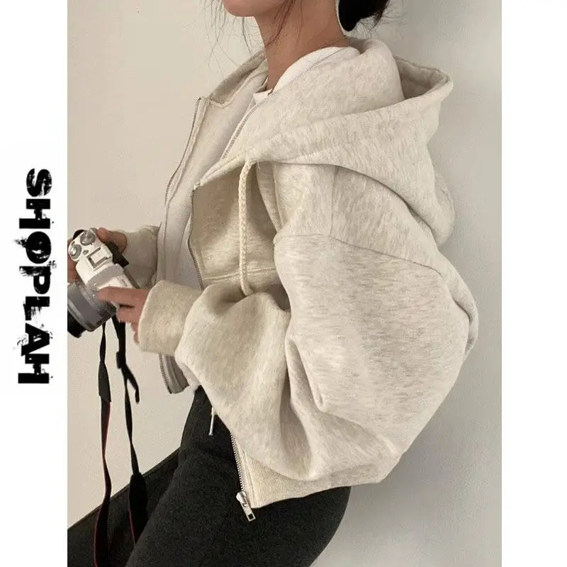 100% heavyweight cotton 2024 autumn and winter plus velvet hooded design niche loose short sweatshirt cardigan jacket for women