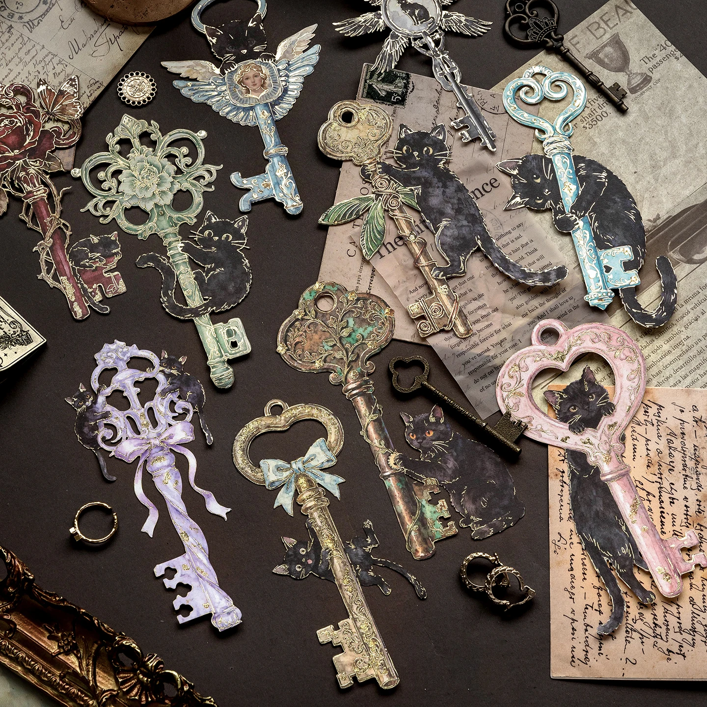 Magic Key Stickers with High Aesthetic Value, Cute Cat and Elf Vintage Style, DIY Hard Cardstock Bookmarks