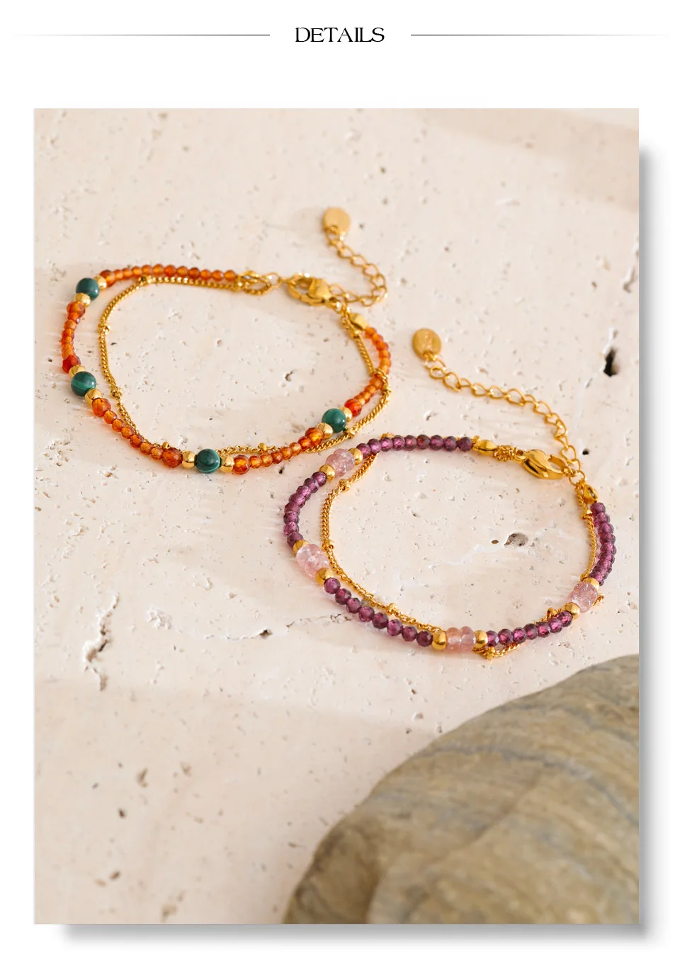 Yhpup Neuheiten Handgefertigter Schmuck Erdbeerquarz Beryll ‌ Kristallperlen-Ketten Stapelarmband Armreif PVD-Beschichtet – Detail 7
