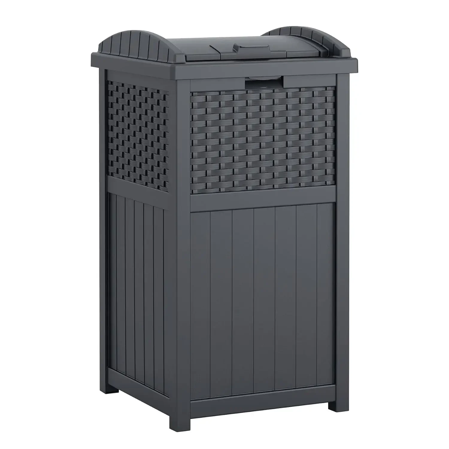 

ad Suncast 33 Gallon Durable Plastic Hideaway Outdoor Garbage Can Trash Bin with Lid and Wicker Design for Backyard, Deck