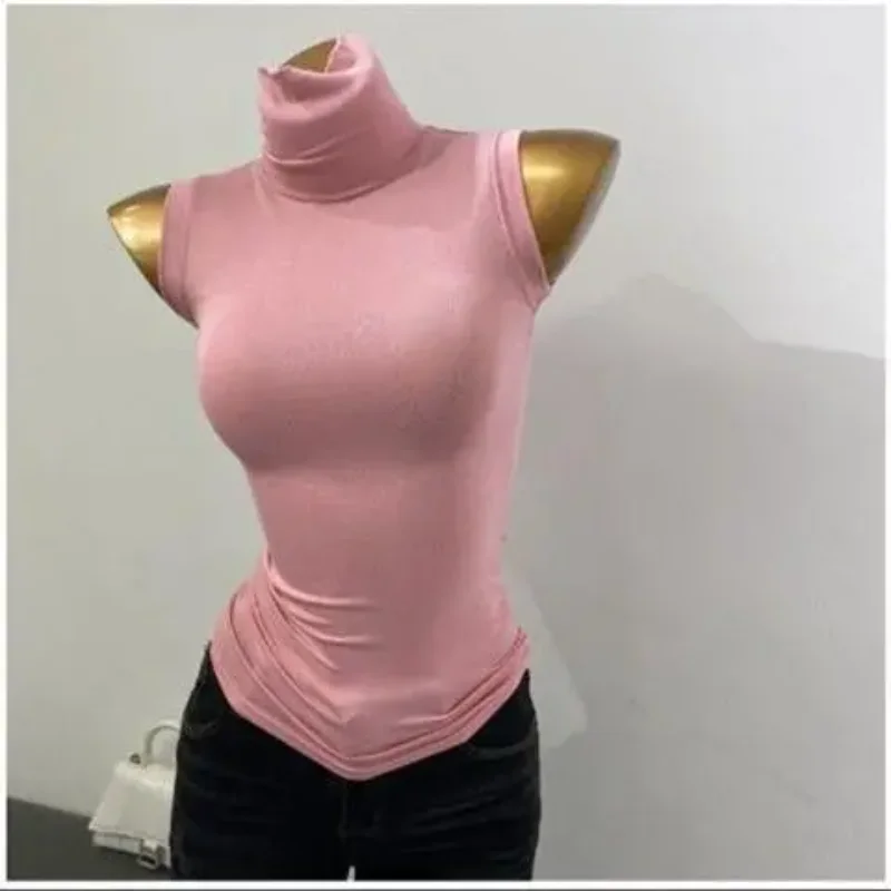 Korean Style Half Turtleneck Sleeveless Vest For Women Versatile Large Elastic Slim Bottoming Shirt Top