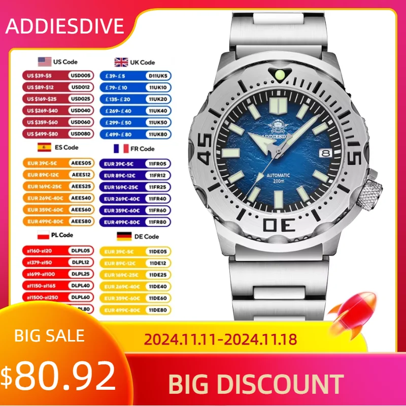 ADDIESDIVE New Sapphire Glass Automatic Mechanical Men Watch Luminous Waterproof 200m Steel Dive Watches DRESS 42MM Wristwatches