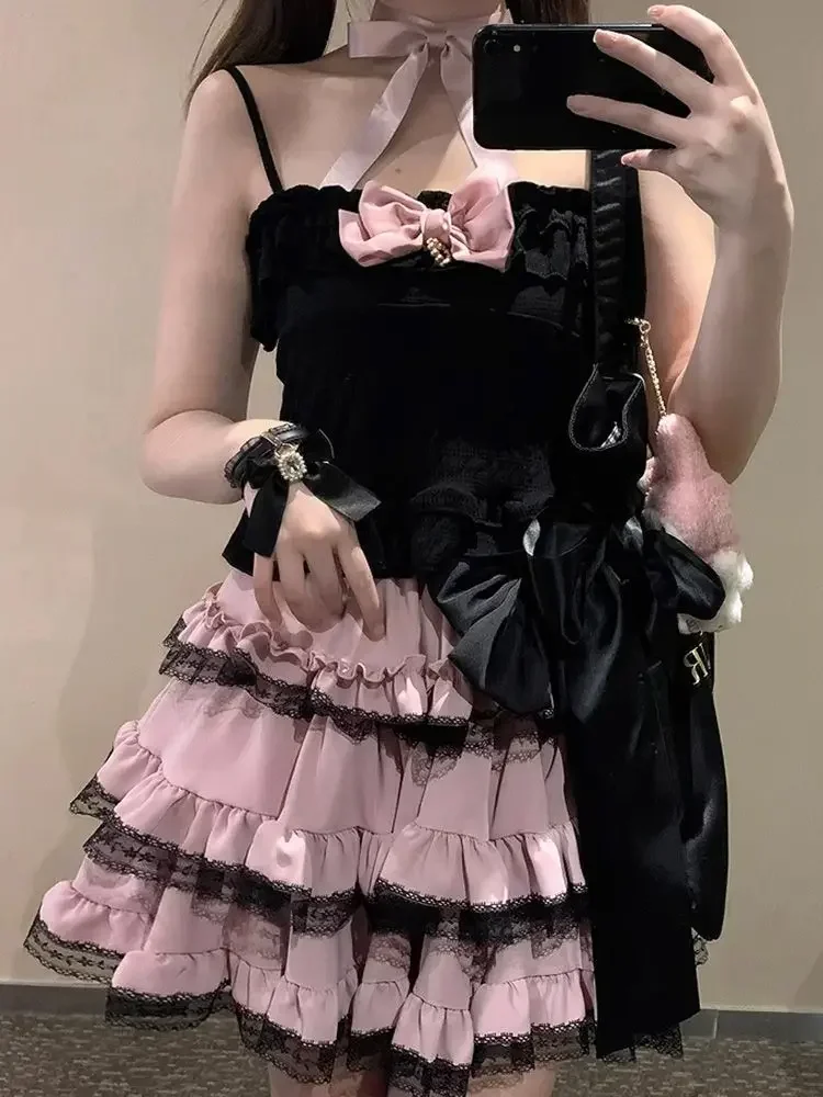 Saia gótica lolita rosa para mulheres, saia y2k, renda preta, saia kawaii doce japonesa, estilo retro coreano feminino, minissaia de festa, outono