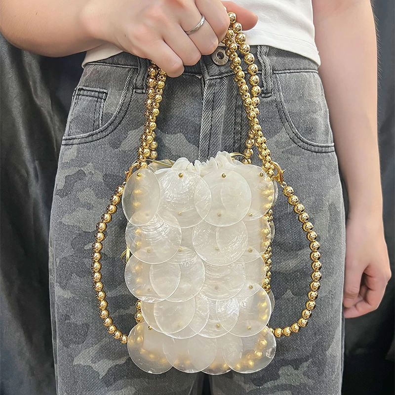 

2025 New Color Hand Woven Shell Bag Fashion Color Women's Handbag Beaded Chain Fish Scale Bag クロエトートバッグ