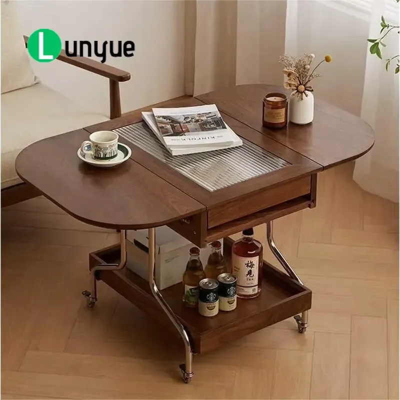 Modern Nordic Black Walnut Solid Wood Folding Coffee Table Movable Living Room Sofa Side Table Home Furniture