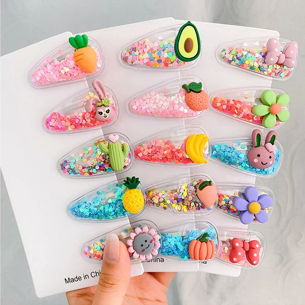 5pcs/Set Cute Fruit Quicksand Sequins Snap BB Clips Children Cartoon Rainbow Animal Bangs Hairpin Side Barrettes