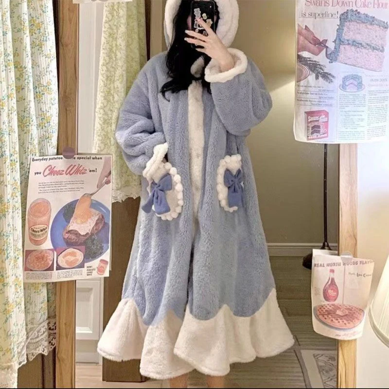 Cozy Blue Women Sleepwear Bow Hooded Long Fleece Nightgown Thick Plush Loungewear Kawaii Winter Warm Homewear Top