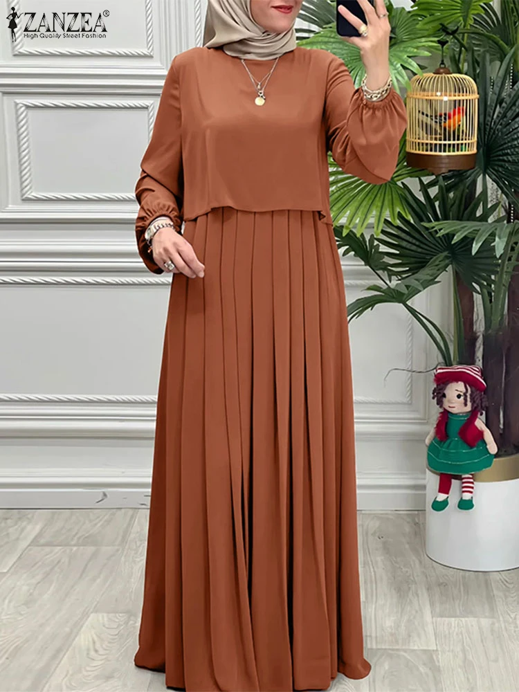 Women Autumn Patchwork Dresses 2025 ZANZEA Muslim Abaya Robe Femme Elegant Long Sleeve Solid Pleated Sundress IsIamic Clothing