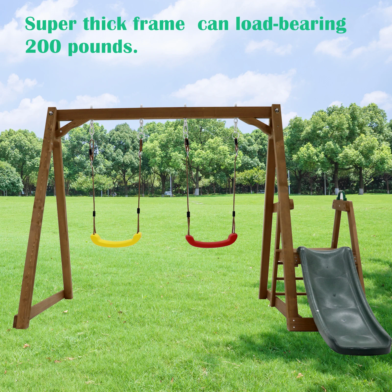 Wood Swing Set for Backyard, 2 in 1 Outdoor Swing Set with Slide, Climbing Rope Ladder Kids Backyard Playset