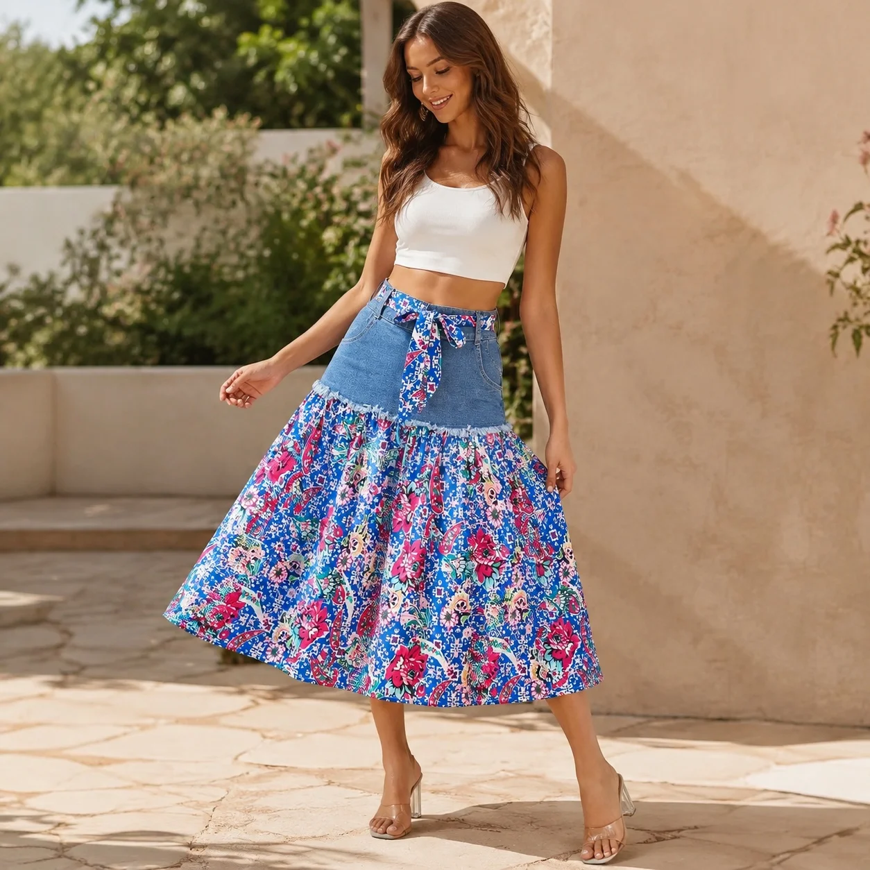Mid Length Patchwork Skirt Sweet Fresh with Elastic a Line Spring Season Spring Fresh Sweet a Line Silhouette Skirts for Women