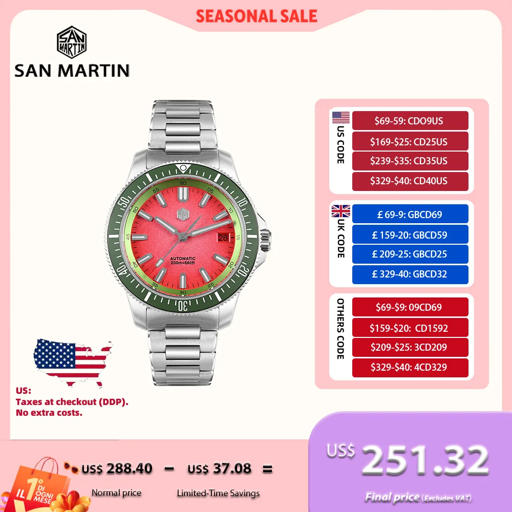 

San Martin Original Design 40mm New Fruit Series Men Diver Watch NH35 Mechanical On The Fly Adjust Clasp 20Bar Luminous SN0118B