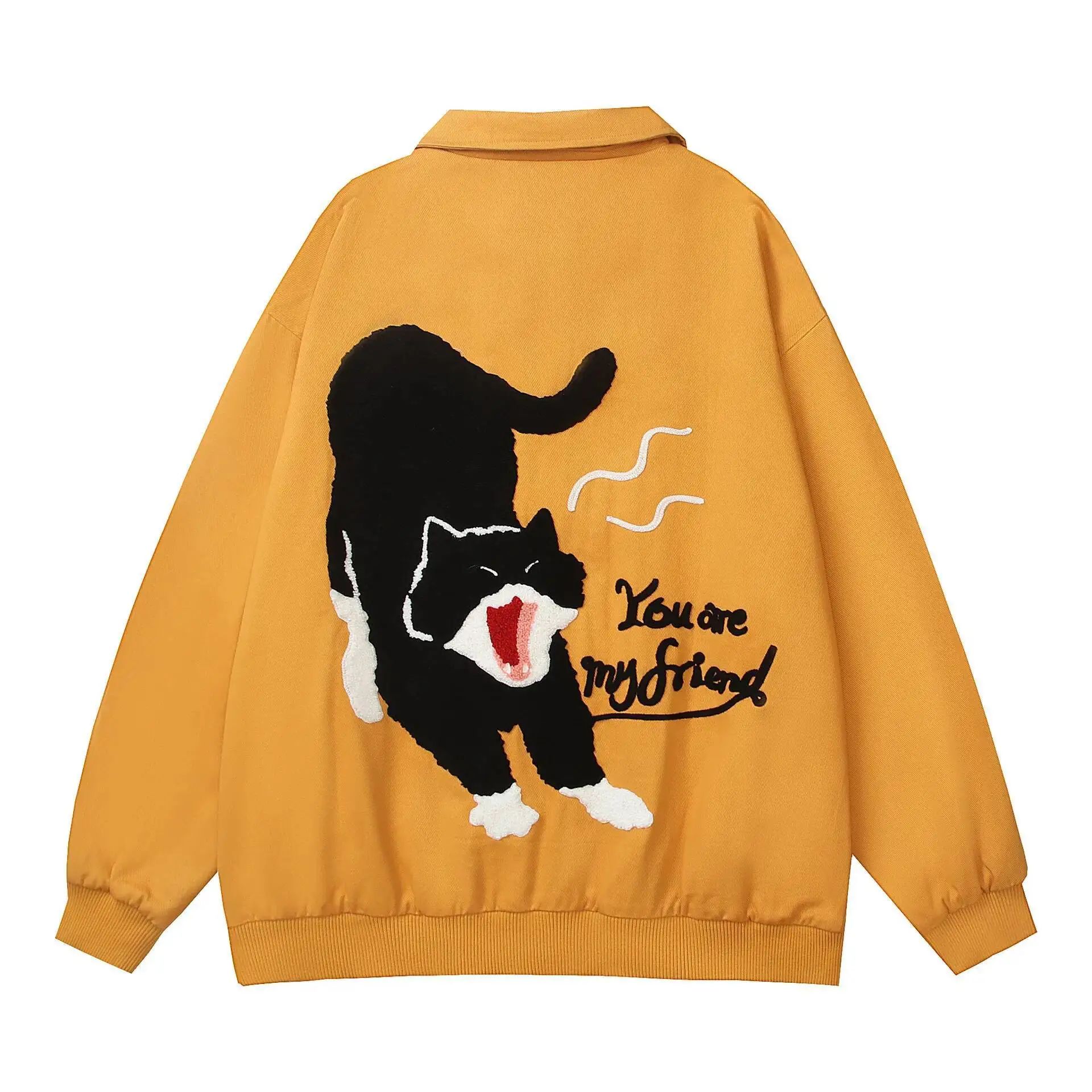 

Retro American Black Cat Embroidery Design Loose Casual Jacket Collared Unisex Youth Fashion Spring Autumn Cotton Outerwear