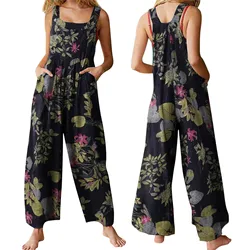 5XL Women Jumpsuit Vintage Leaf Floral Print Square Neck Sleeveless Rompers Overalls with Pockets Y2k Harajuku Streetwear