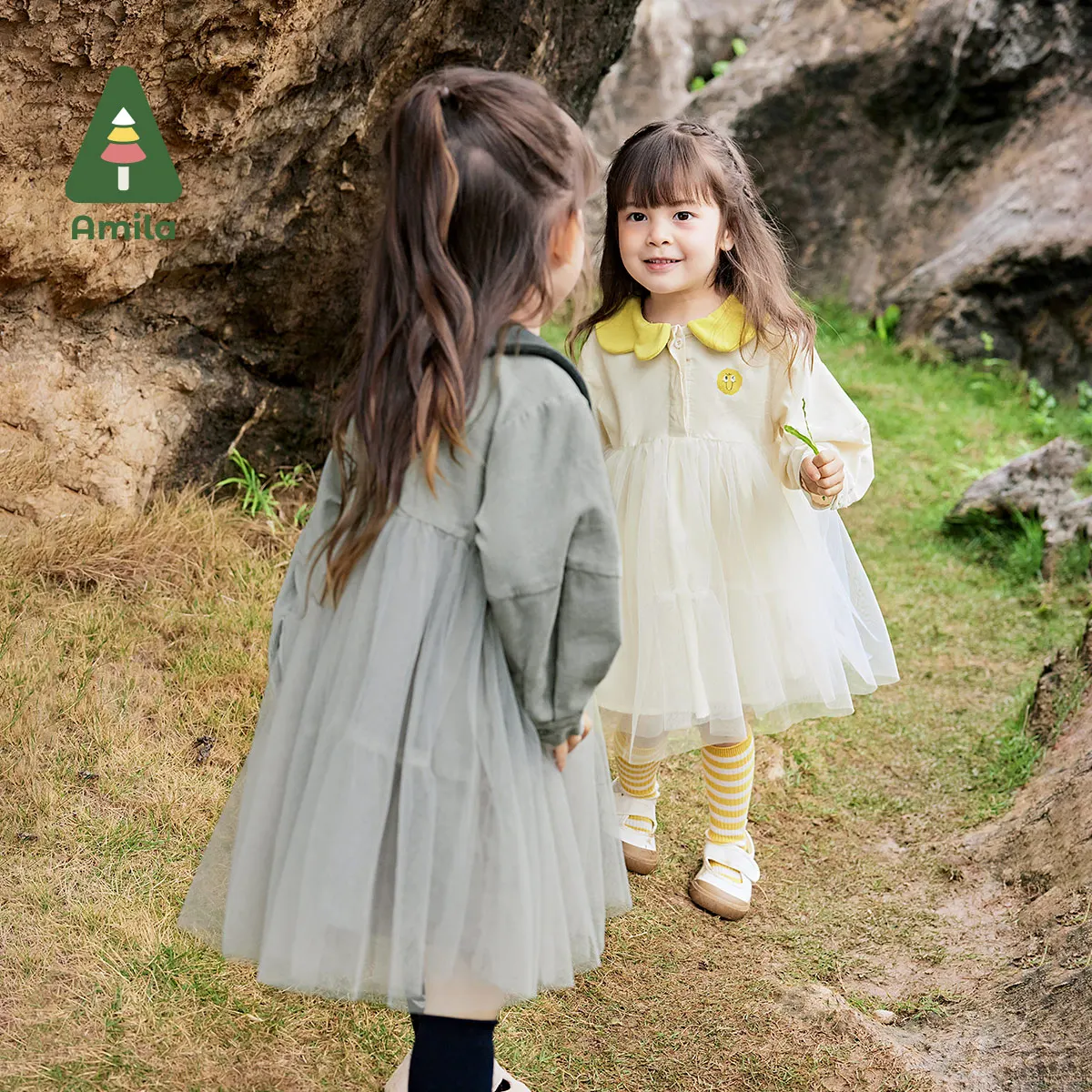 Amila Baby Dress 2024 Autumn New Style Girls Sweet Solid Color Corduroy Doll Collar Loose Casual Lantern Sleeve Soft Gauze Skirt