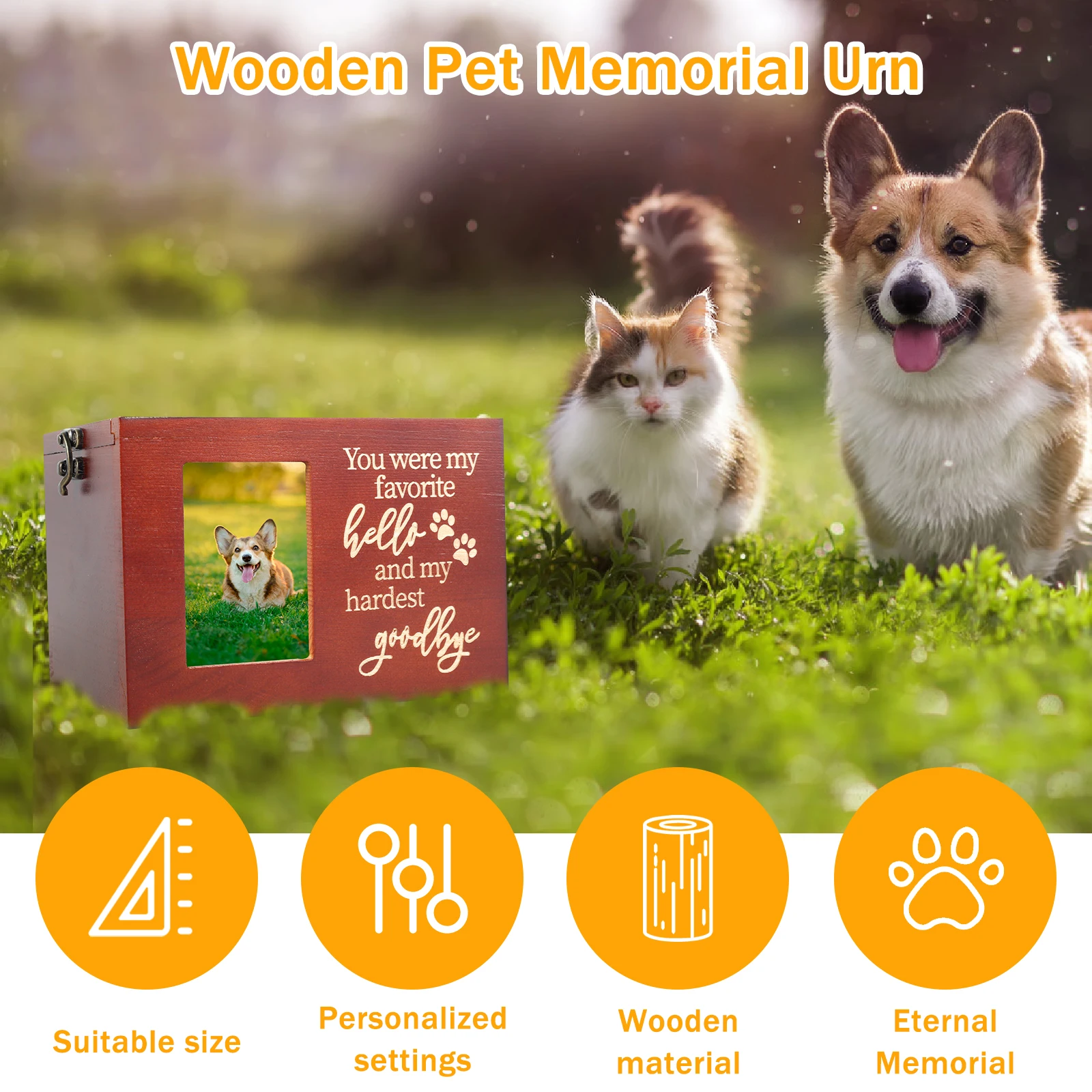 Urne Commémorative en Bois avec Cadre Photo pour Chien ou Chat, Personnalisée, Boîte de Mémoire