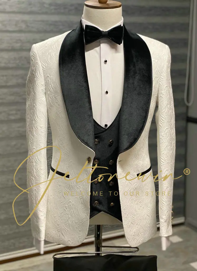 

Elegant Jacquard Men Suit Set Wedding 3Pcs Slim Fit Blazer Men Long Sleeve Lapel Button Casual Set For Men Wedding Suits Groom