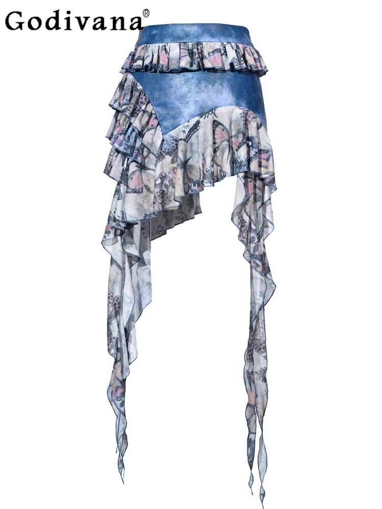 

Retro Butterfly Print Y2k Cool Girl Romantic Irregular Ruffles Pu Leather Skirt Dream Chic Heavy Industry Age Reduction Skirts
